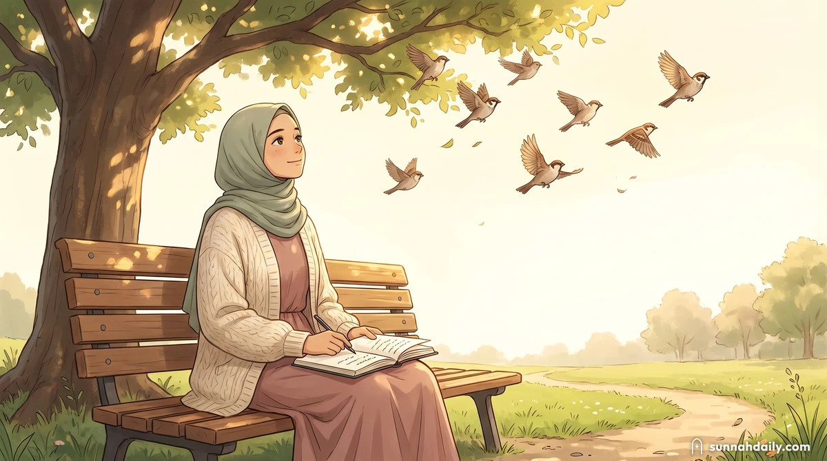 A young woman on a park bench in warm afternoon light, a notebook of lists on her lap, looking up as a flock of small birds lifts off from the tree beside her