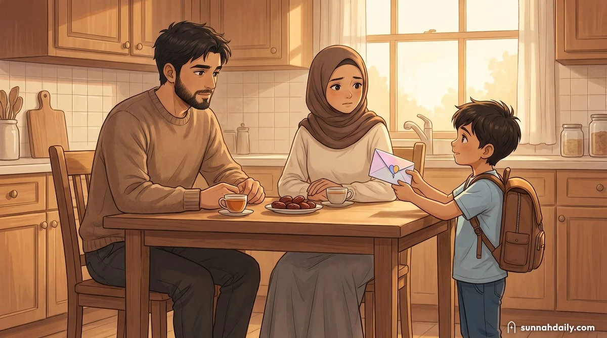 The Working Man and Working Woman at the kitchen table as their young son, just home from school, holds out a party invitation