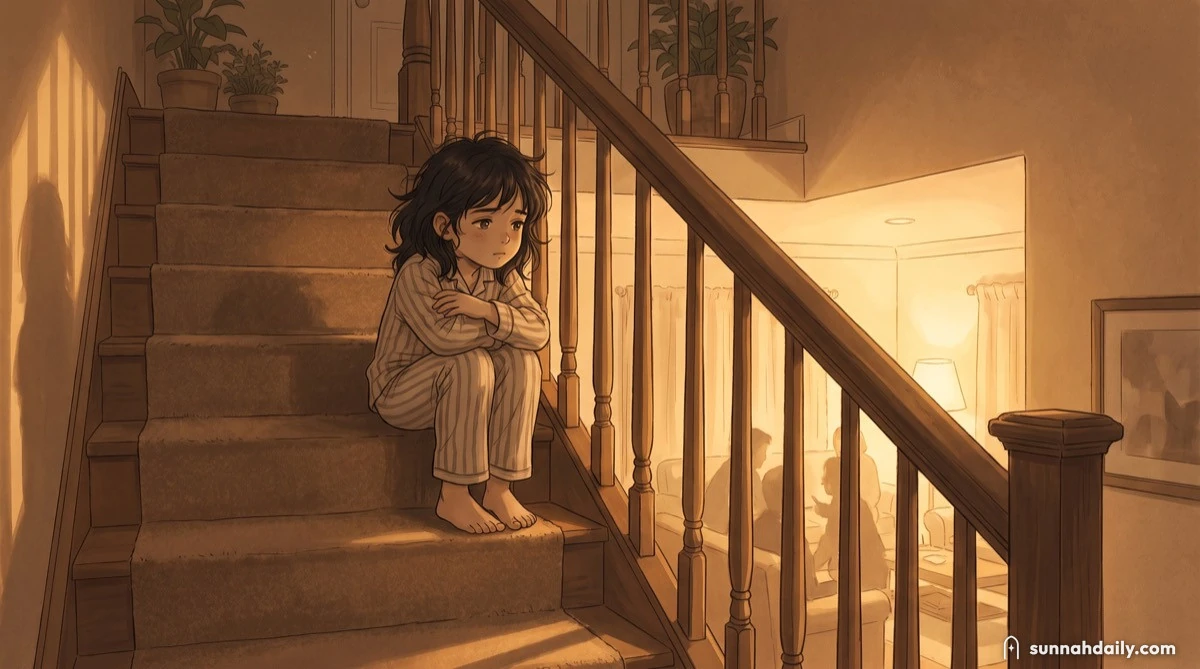 A small child sitting on the stairs at night, listening to voices downstairs