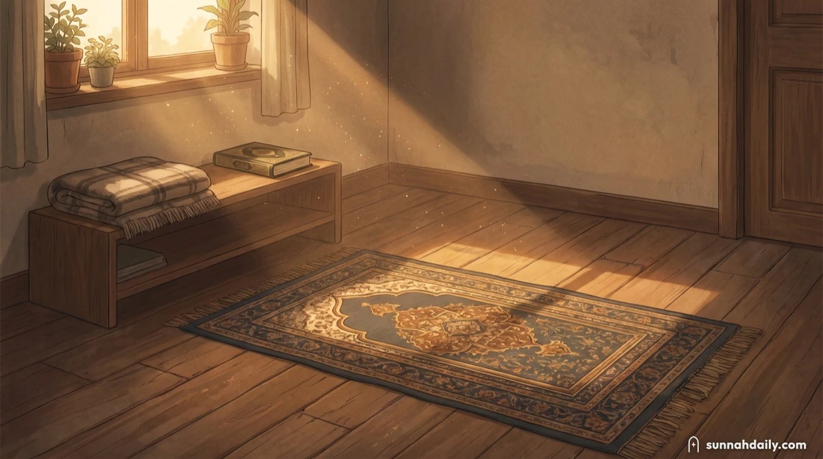 A prayer mat laid out in a quiet room with morning light across it