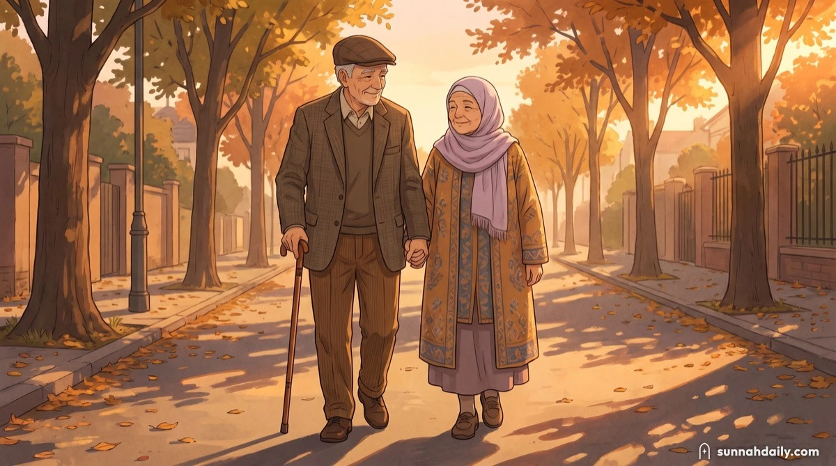 An older couple walking slowly together on a quiet street in the evening