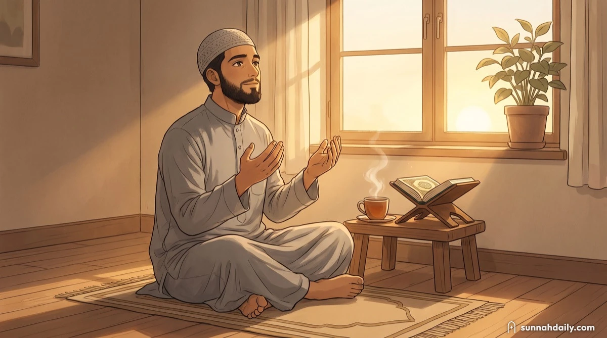 A tired man sitting on his prayer mat by a window at first light, hands raised in dua, a cup of tea beside him