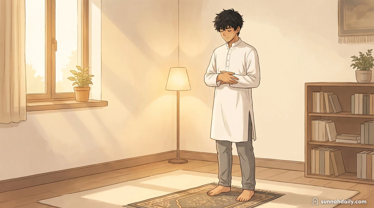 A young man standing in prayer on a mat in a quiet living room, hands folded on his chest, eyes lowered, early morning light at the window