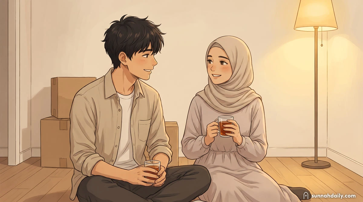 Yusuf and Maryam sitting on the floor of their first, nearly empty apartment, each holding a glass of tea, unpacked boxes behind them in warm lamp light