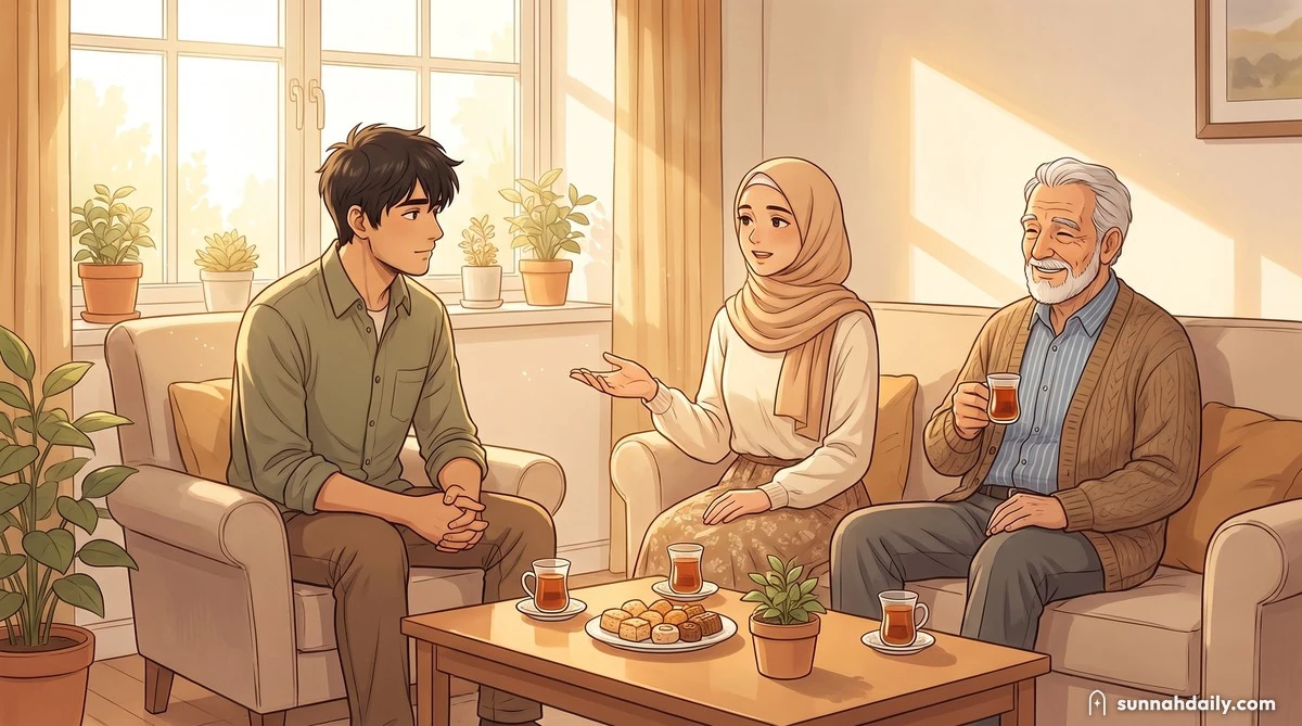 Yusuf and Maryam sitting in armchairs in her family living room, Maryam asking him a question while he listens, her father smiling nearby with a glass of tea