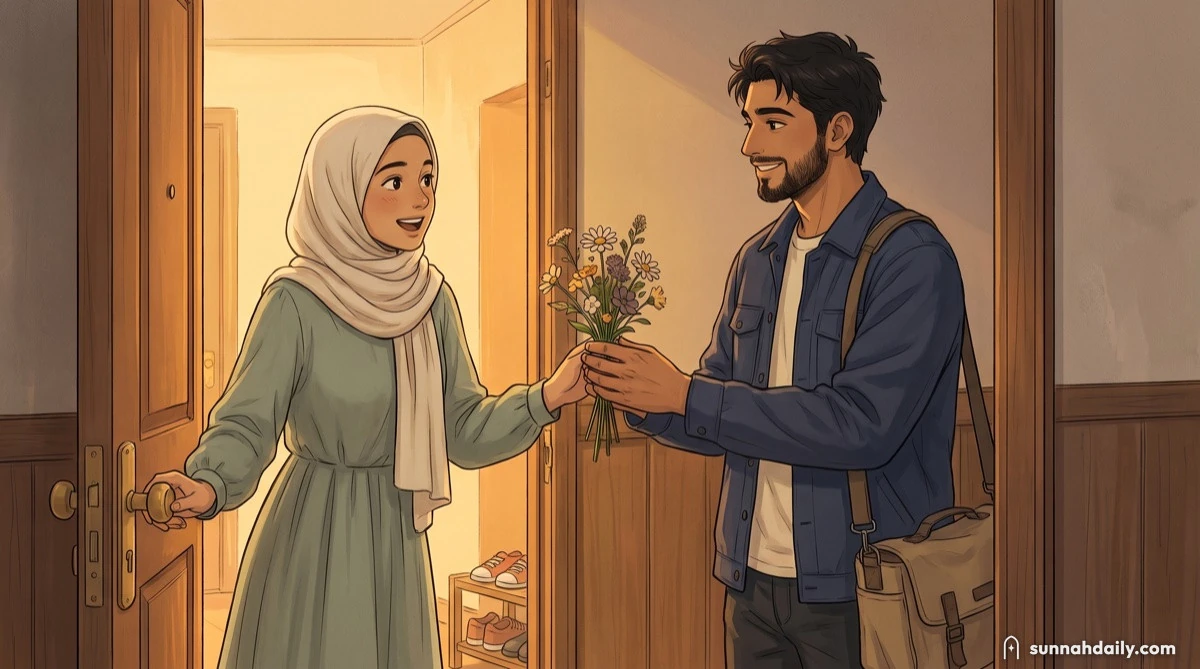 A husband coming home in the evening holding a small bunch of flowers out to his wife at the door, both smiling