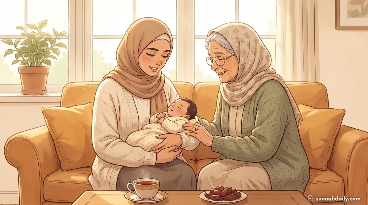 Maryam on a sofa holding her newborn while the grandmother leans in beside her, smiling and saying a blessing, in soft afternoon light
