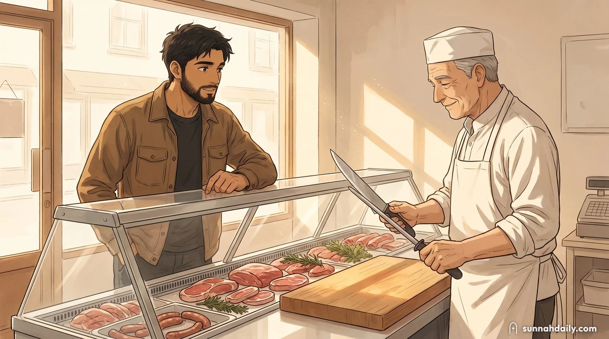 The Working Man at a neighborhood butcher’s counter, asking the butcher a question while the butcher sharpens his knife, in warm morning light