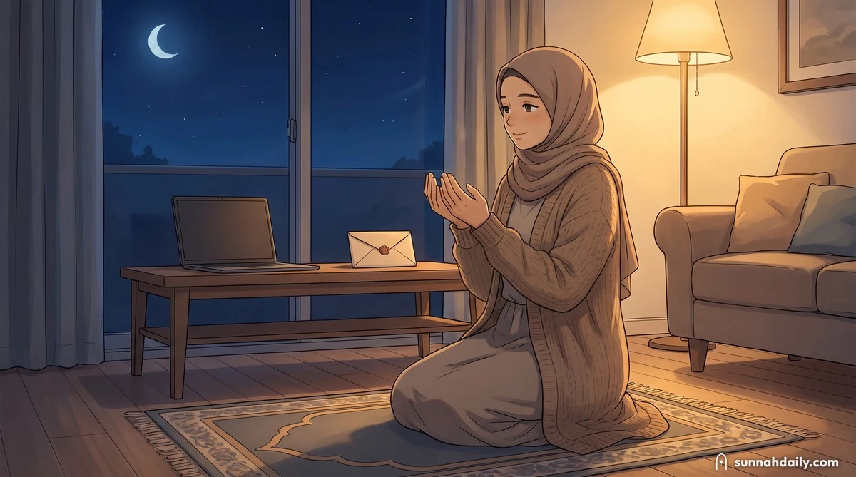 The Working Woman kneeling on her prayer mat at night, hands raised in dua, a closed laptop and an envelope waiting on the table behind her, a crescent moon in the window