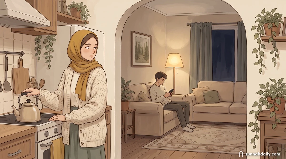 A wife pausing at the kitchen counter in the evening while her husband sits in the next room