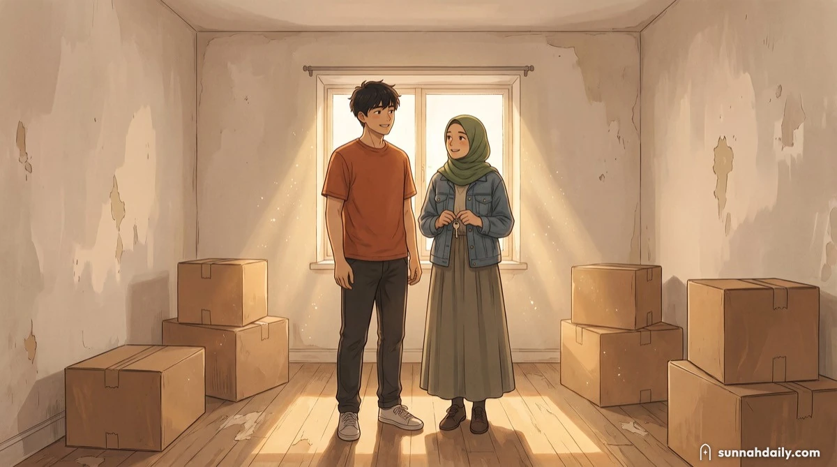 A young couple standing in an empty first apartment, boxes still packed