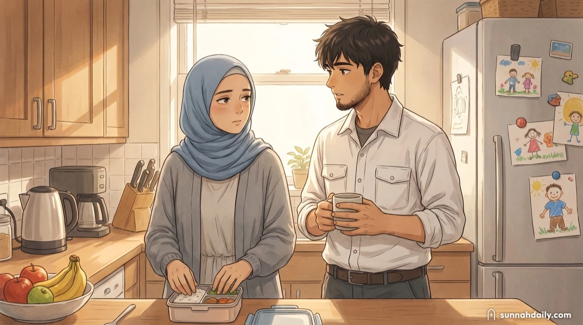 A husband and wife in the kitchen on a busy weekday morning