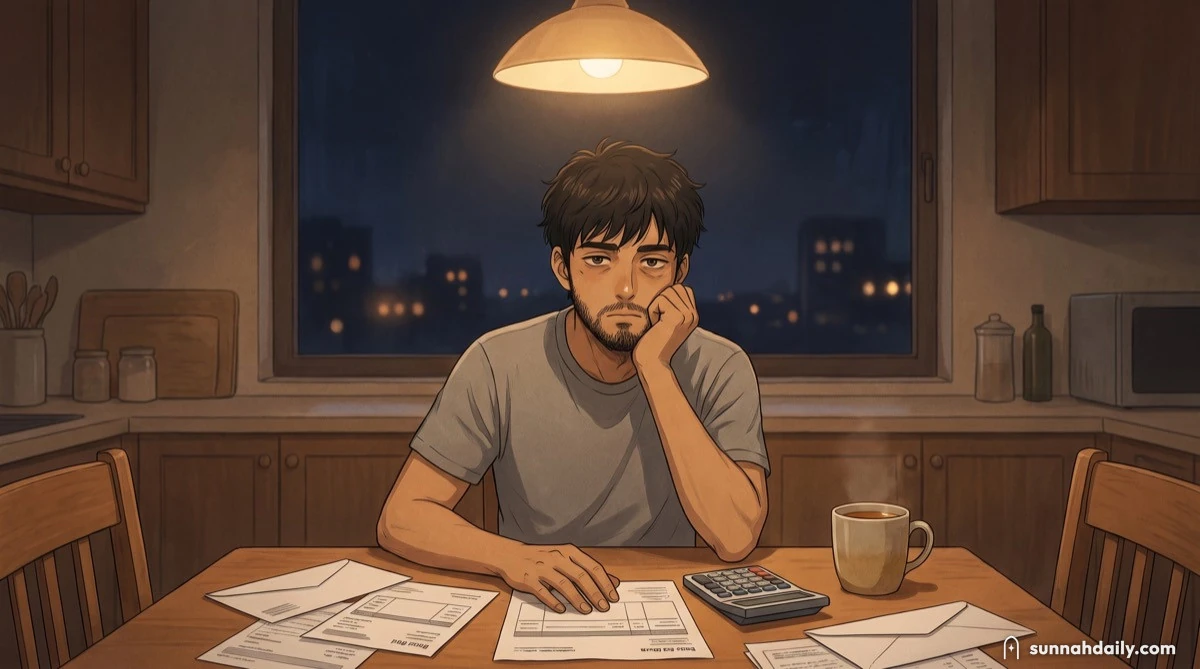 A man at a kitchen table late at night with bills and a calculator