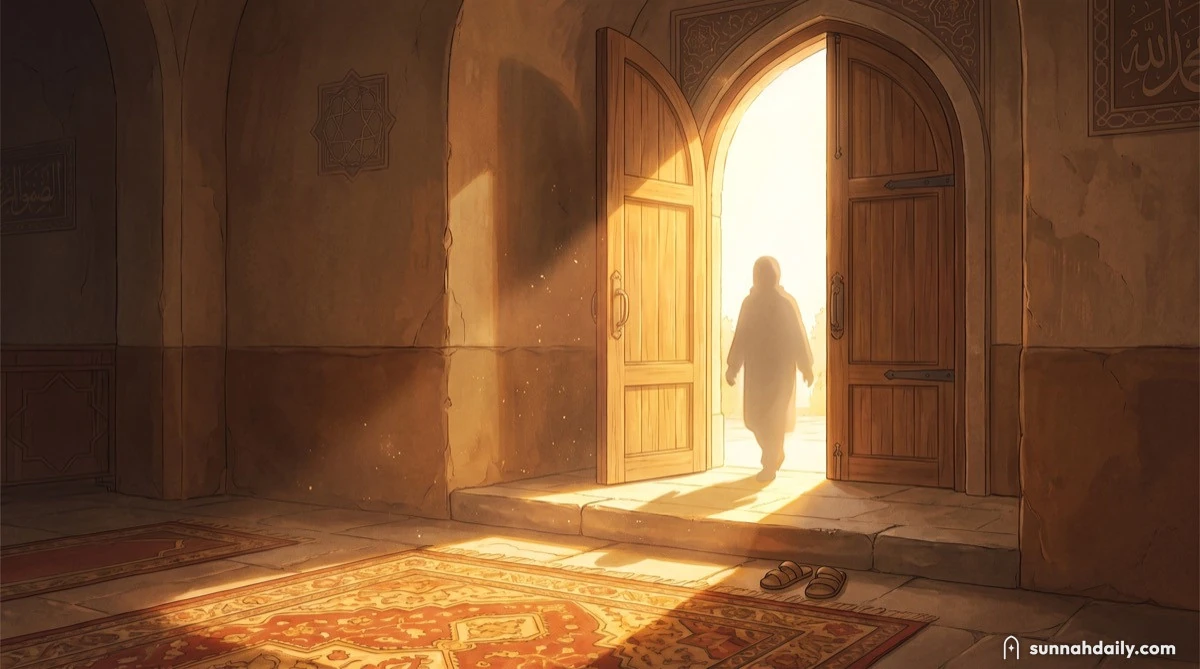 Warm light falling through an open masjid doorway onto a stone step