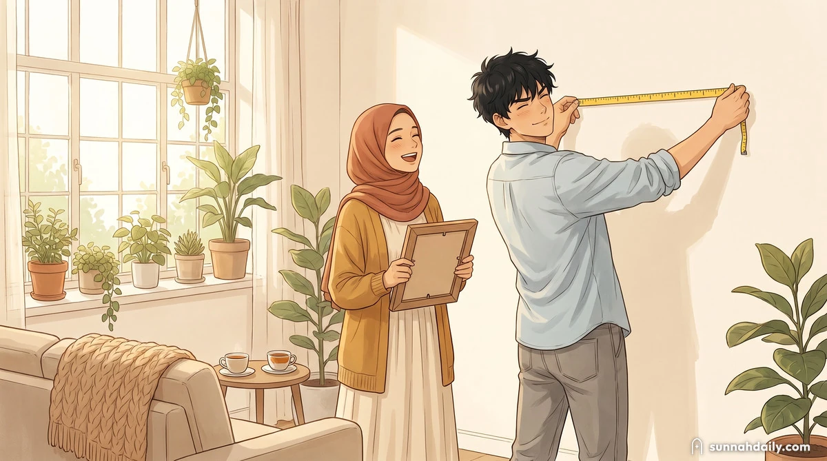 A husband and wife in their living room hanging a picture frame together, he holds a measuring tape against the wall, she laughs