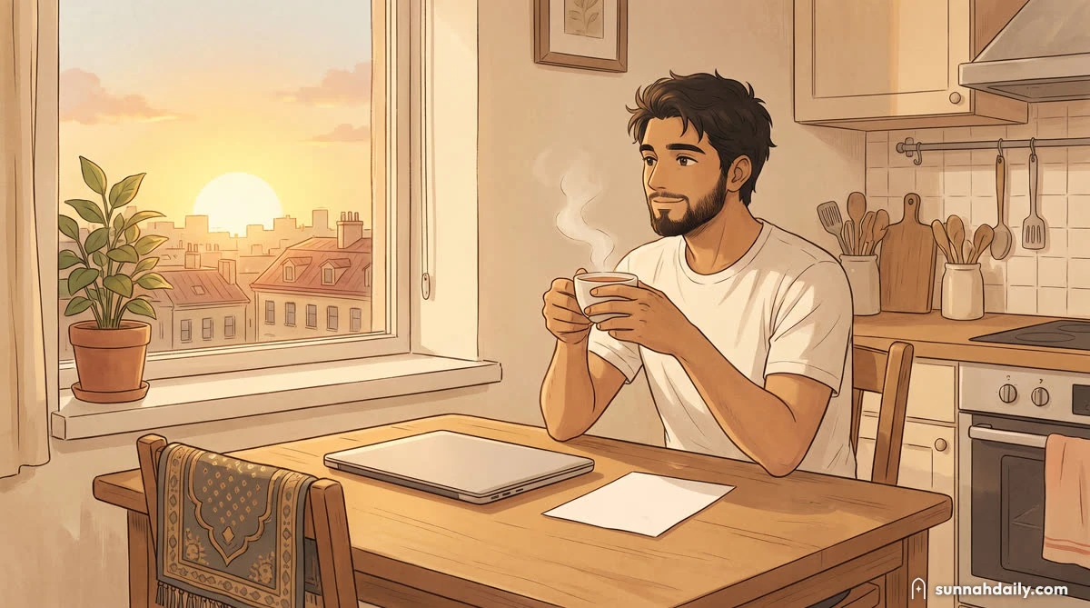 A man at his kitchen table in the early morning, a closed laptop and a letter pushed aside, tea in his hands, watching the sun come up