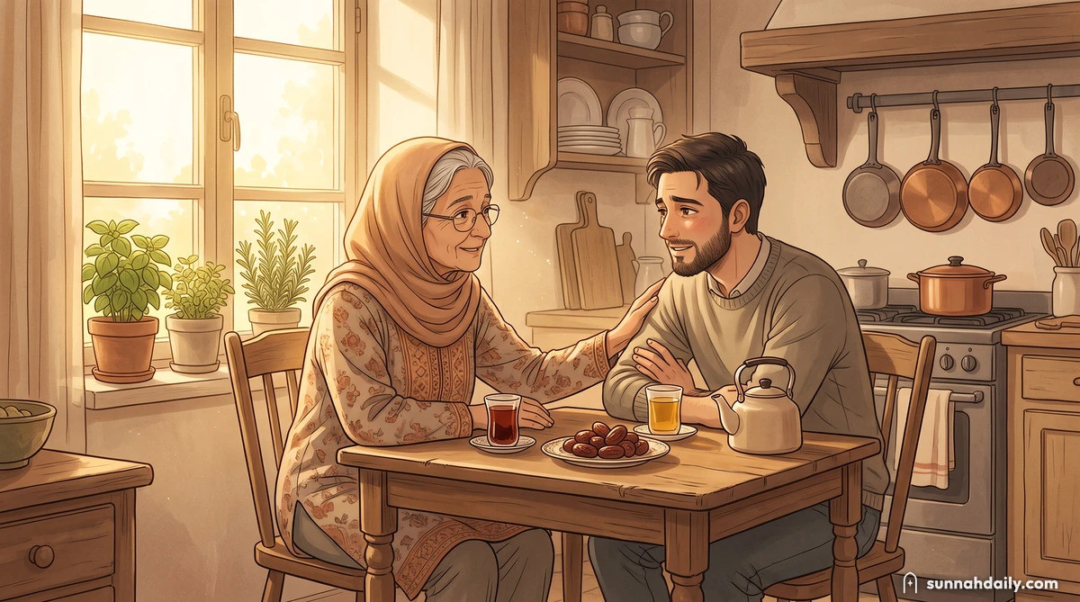 An older mother sitting at a sunlit kitchen table with her grown son, her hand resting on his arm while he listens