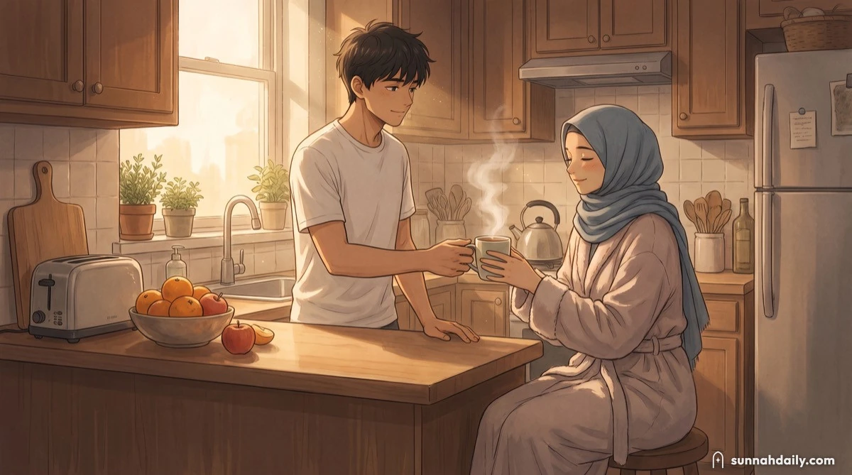 A husband handing his wife a cup of tea in the kitchen in the early morning