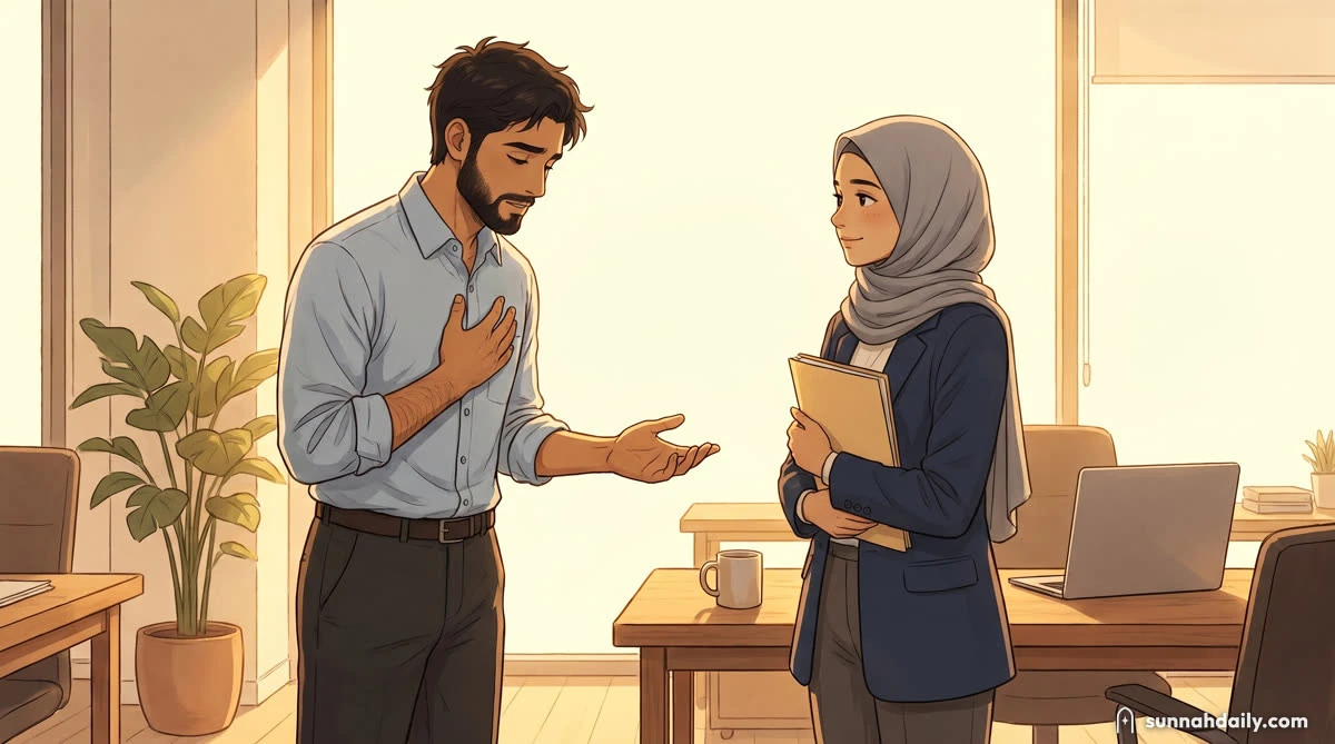 Two colleagues by an office window, one offering a handshake and an apology, the other taking it, morning light