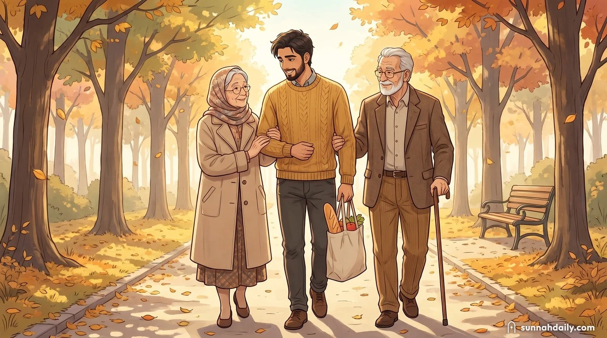 The Working Man walking slowly through an autumn park between his elderly mother and father, arm in arm with them both, carrying their shopping