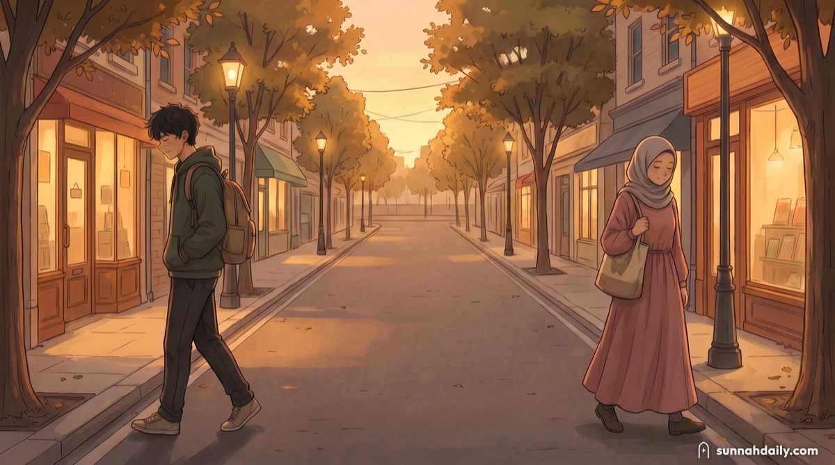 A quiet street at golden evening: a teenage boy on one side and a teenage girl on the other, walking in opposite directions with their eyes lowered