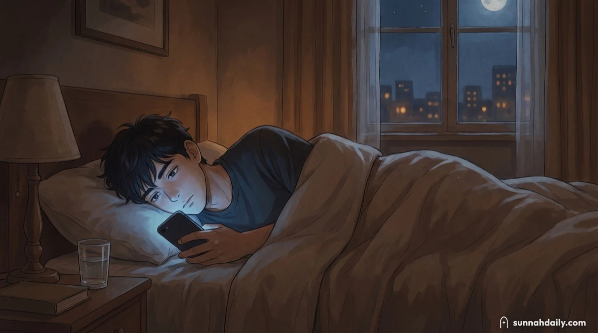 A young man lying in the dark, face lit by his phone screen