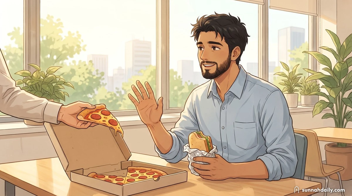 The Working Man in an office break room smiling and raising a hand to politely turn down a slice of pizza held out to him, a wrap in his other hand