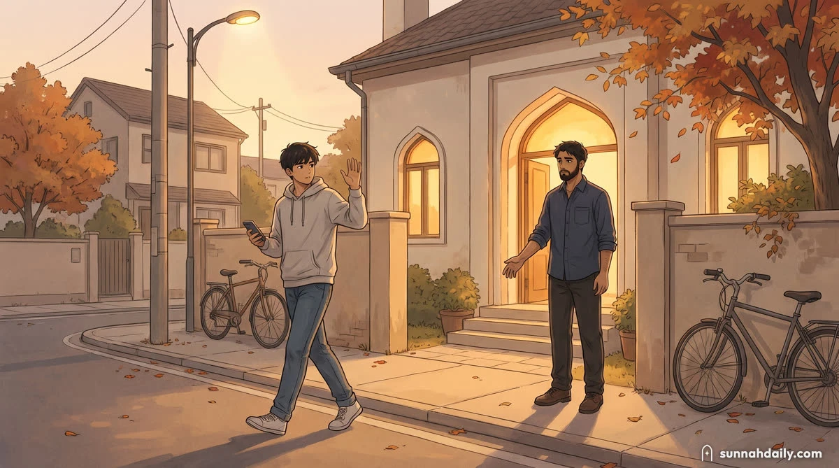 Two friends outside a small mosque at dusk, one walking away with a hand raised, the other left standing on the steps