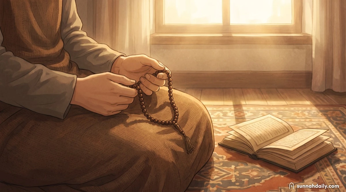 Hands resting in a lap holding prayer beads, morning light