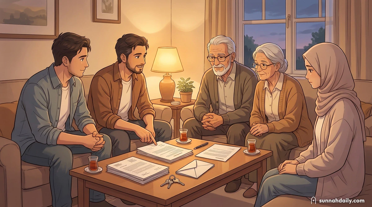 A family sitting around a table in the evening with papers spread out, one woman sitting a little apart from the group