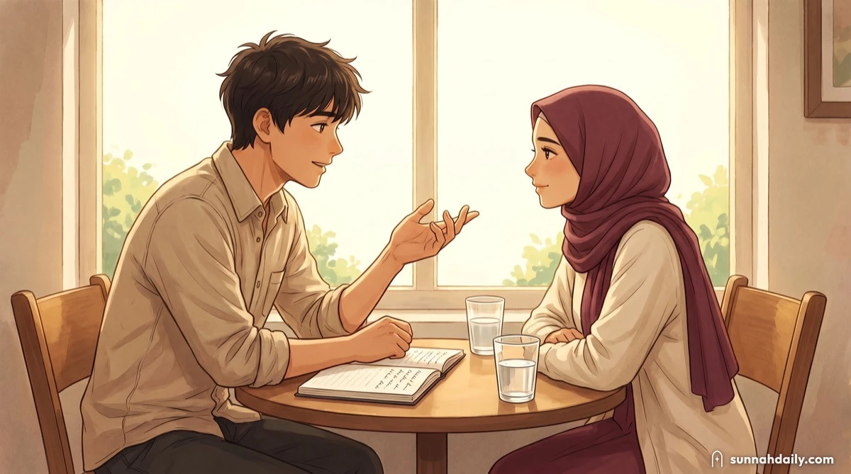 A husband and wife talking across a small table, both listening