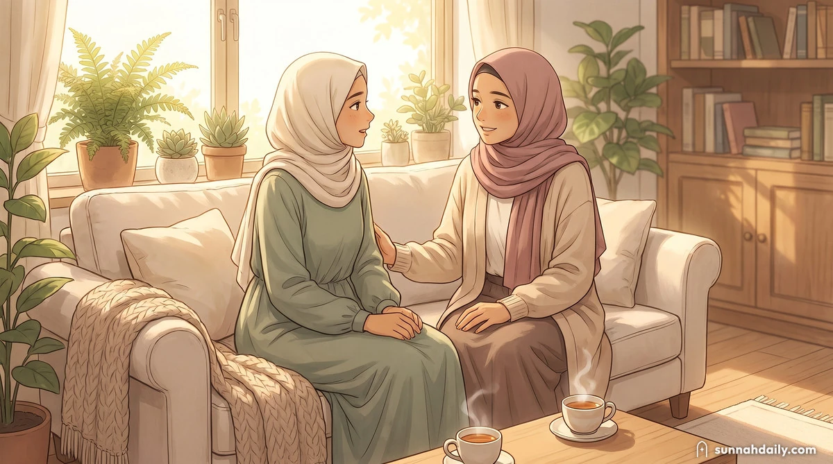 Two sisters sitting close together on a sofa at home in warm evening light, tea on the table, one listening while the other talks