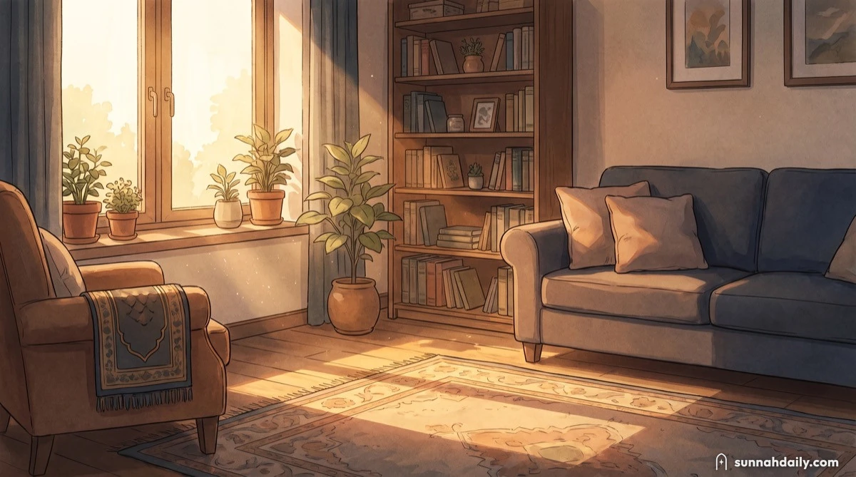 Morning light through a window onto a tidy family living room