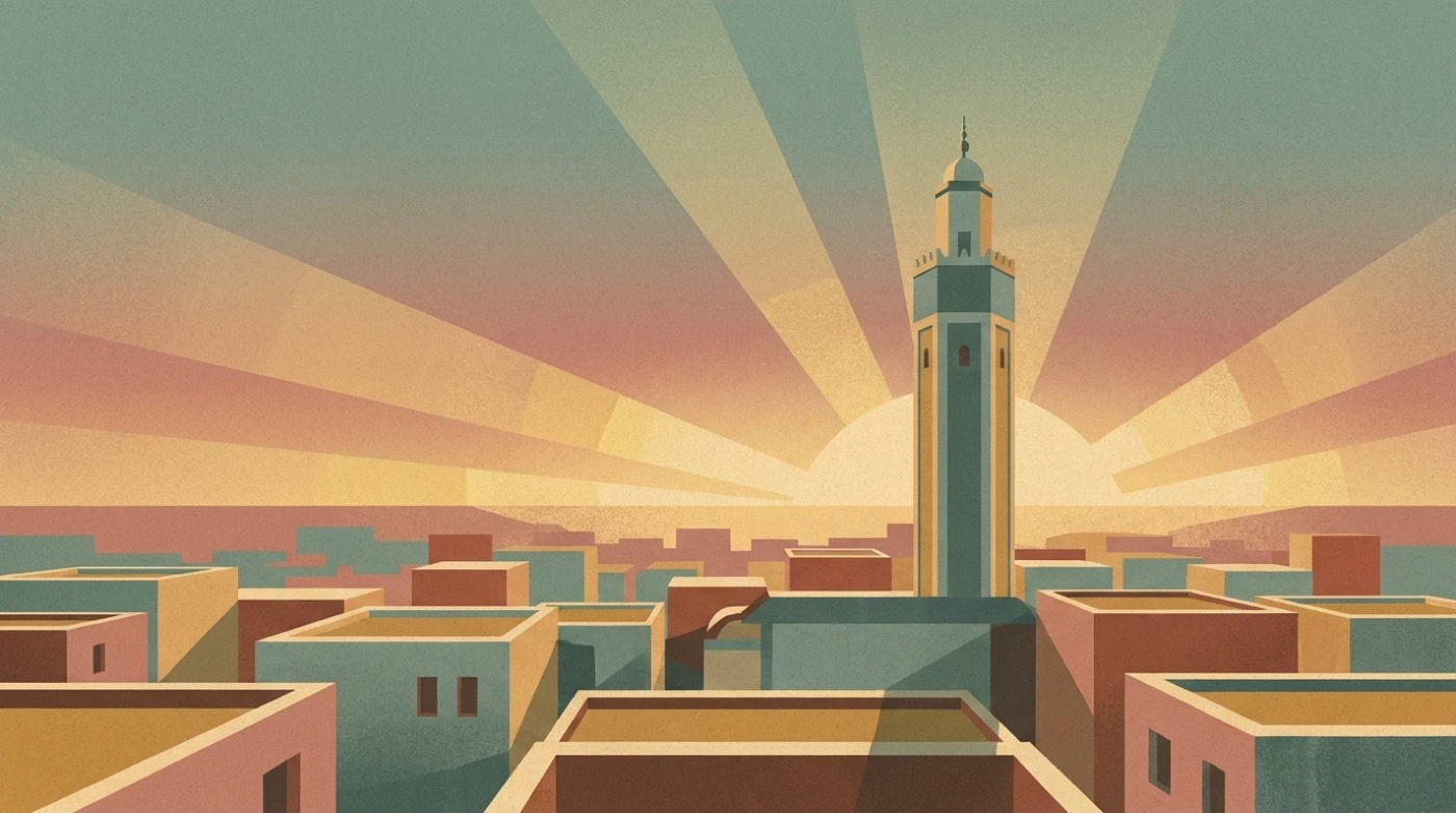 A minaret above the rooftops at dawn