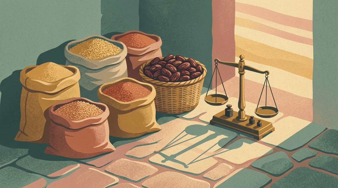 Grain, dates and a brass balance on a stone floor