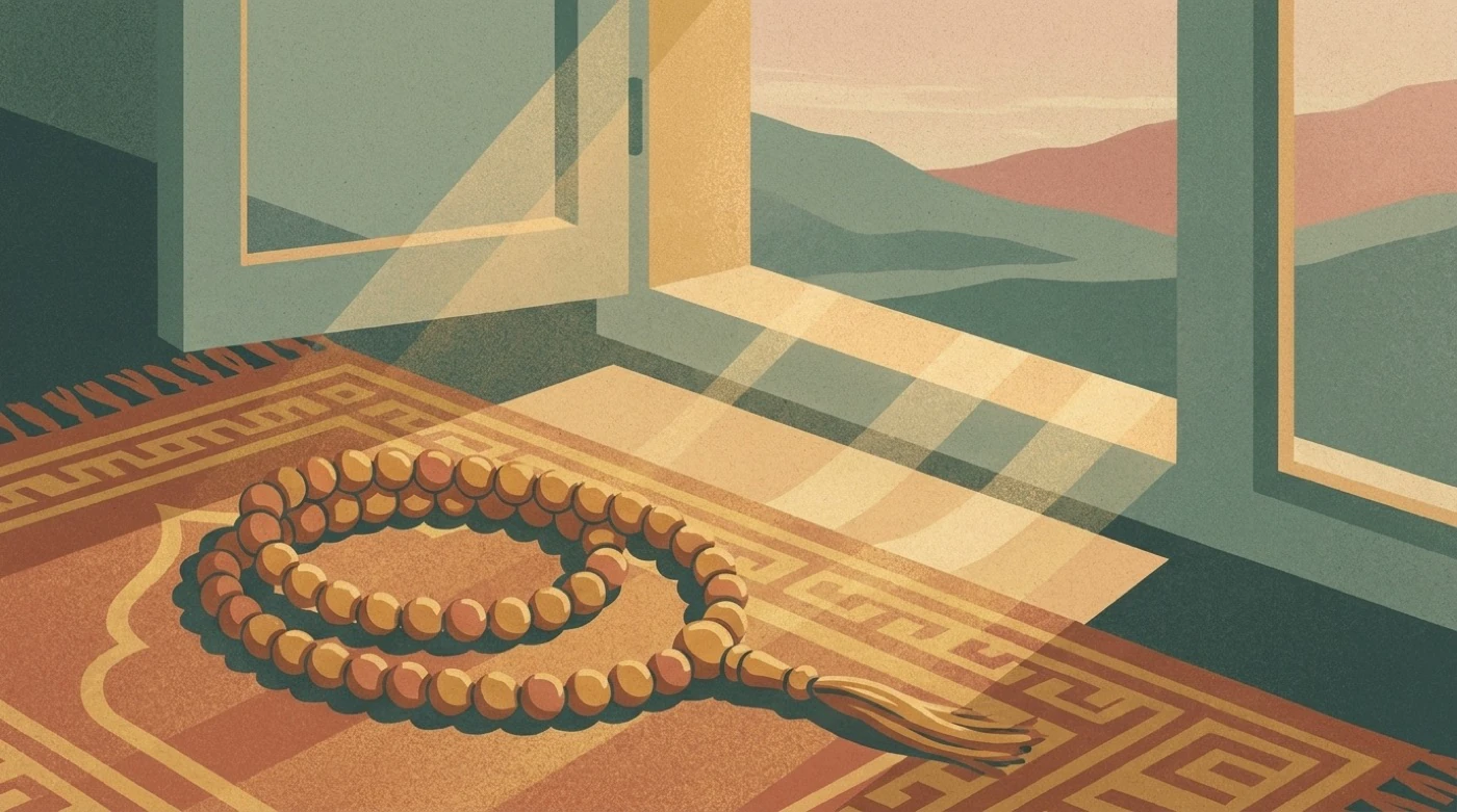 Prayer beads on a woven mat in morning light