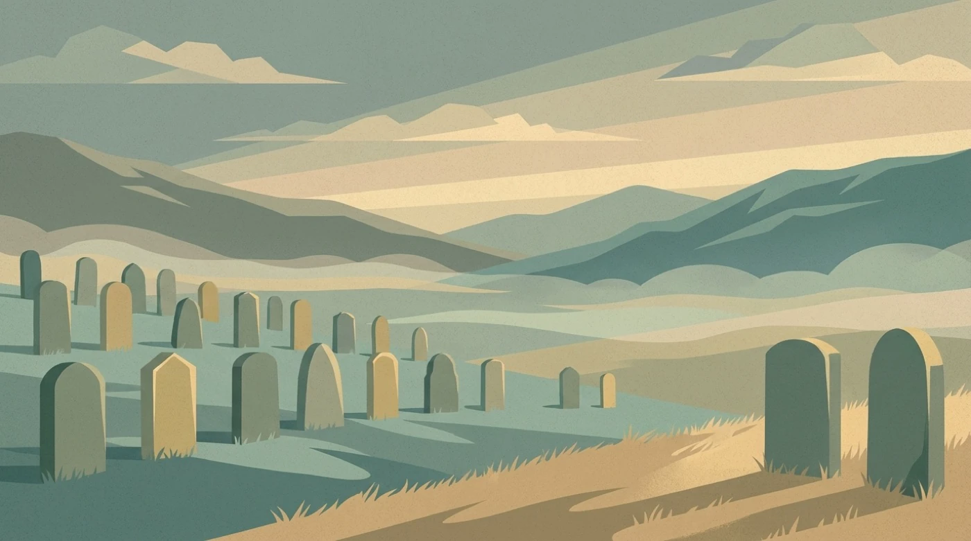 A hillside of plain unmarked stones at dawn