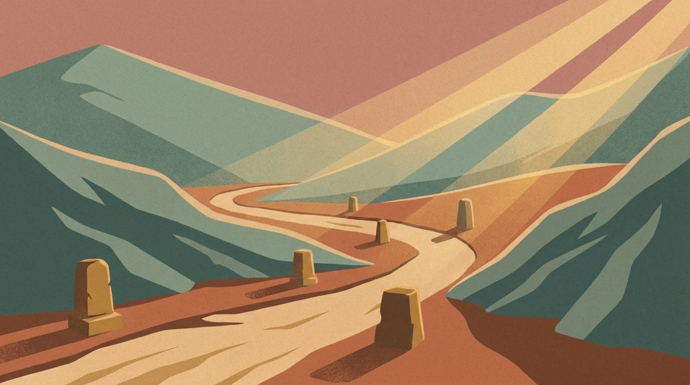 An old caravan road through desert hills at dawn