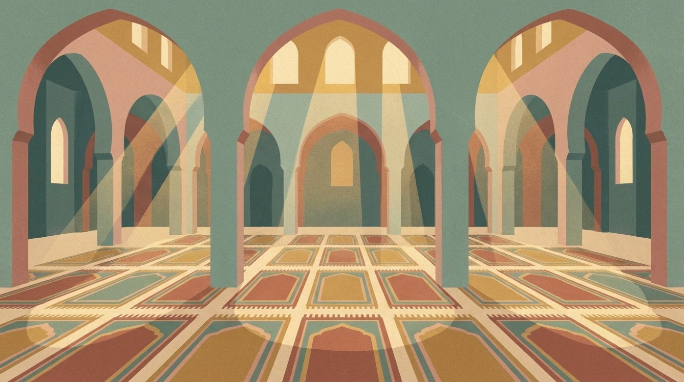 The empty interior of a mosque, mats laid in rows