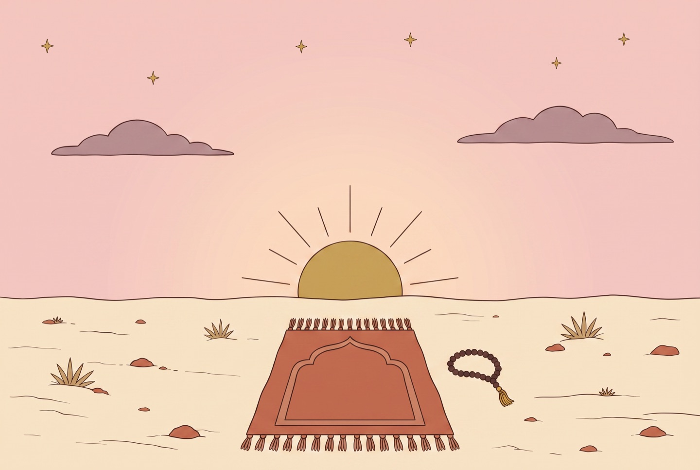 A prayer mat unrolled on sand, facing the rising sun