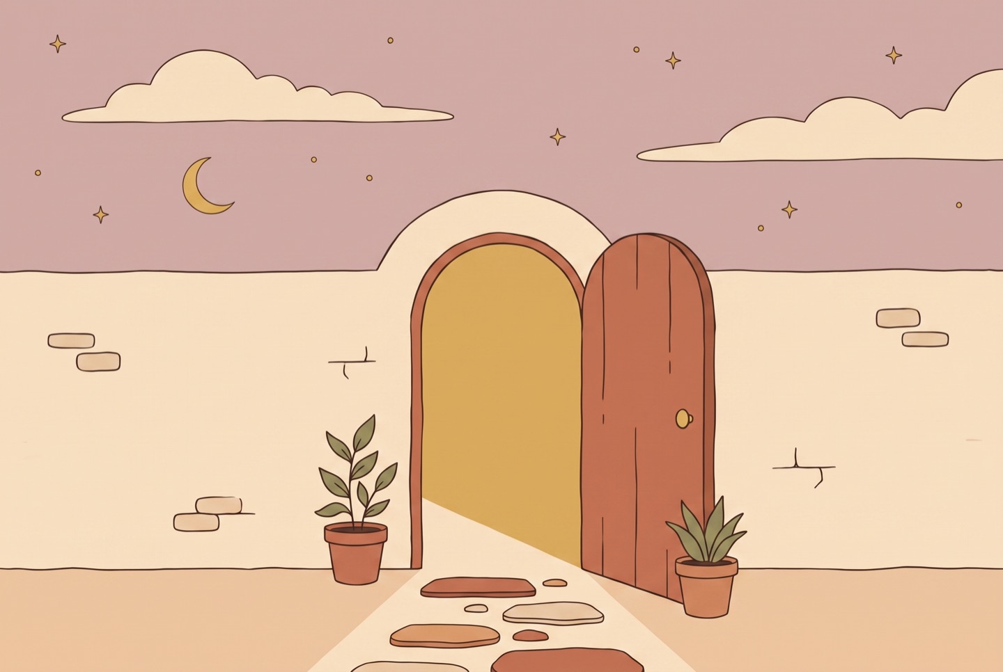 An arched doorway standing open, warm light spilling onto a stone path