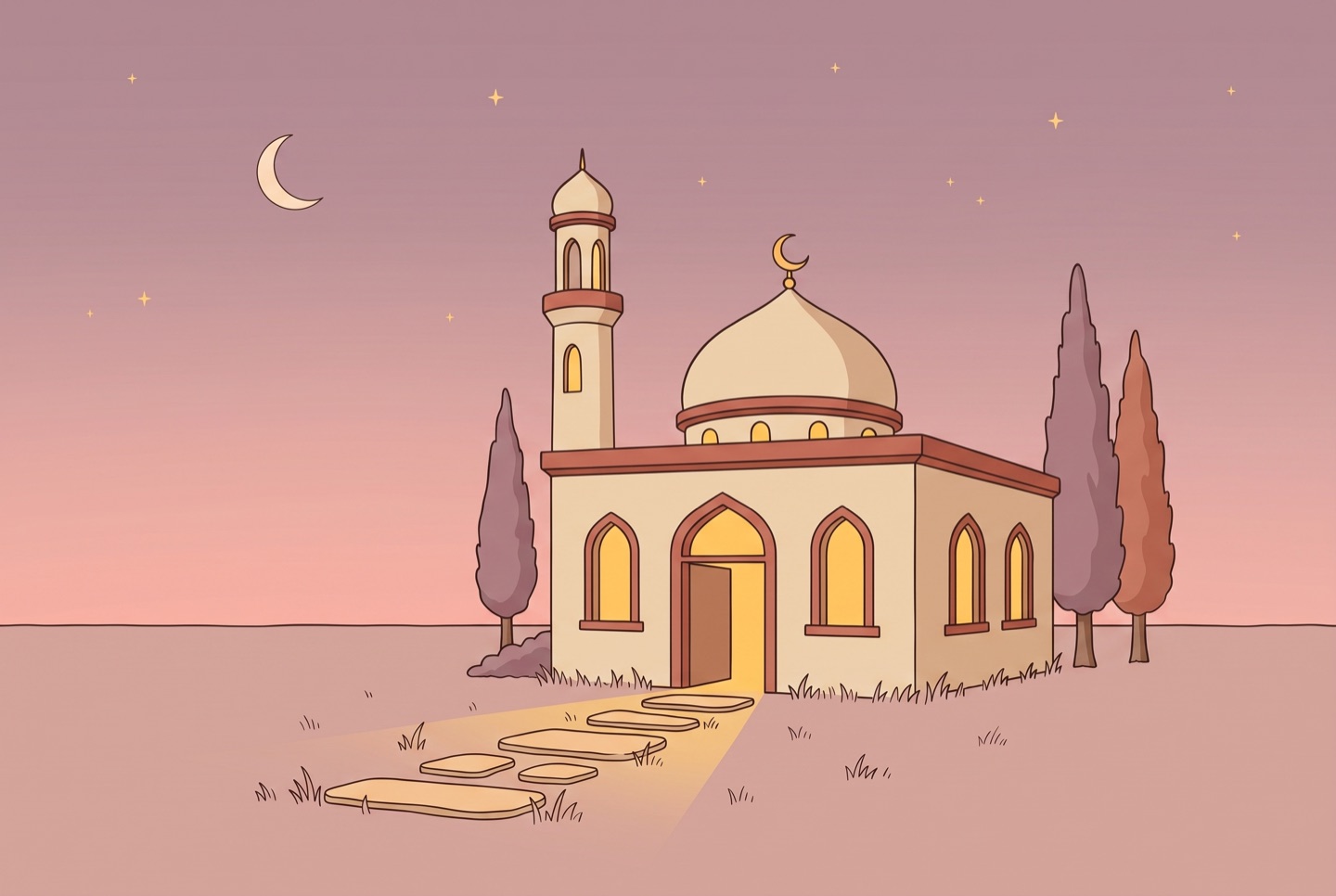 A small masjid at dusk, windows glowing, a path leading to its open door