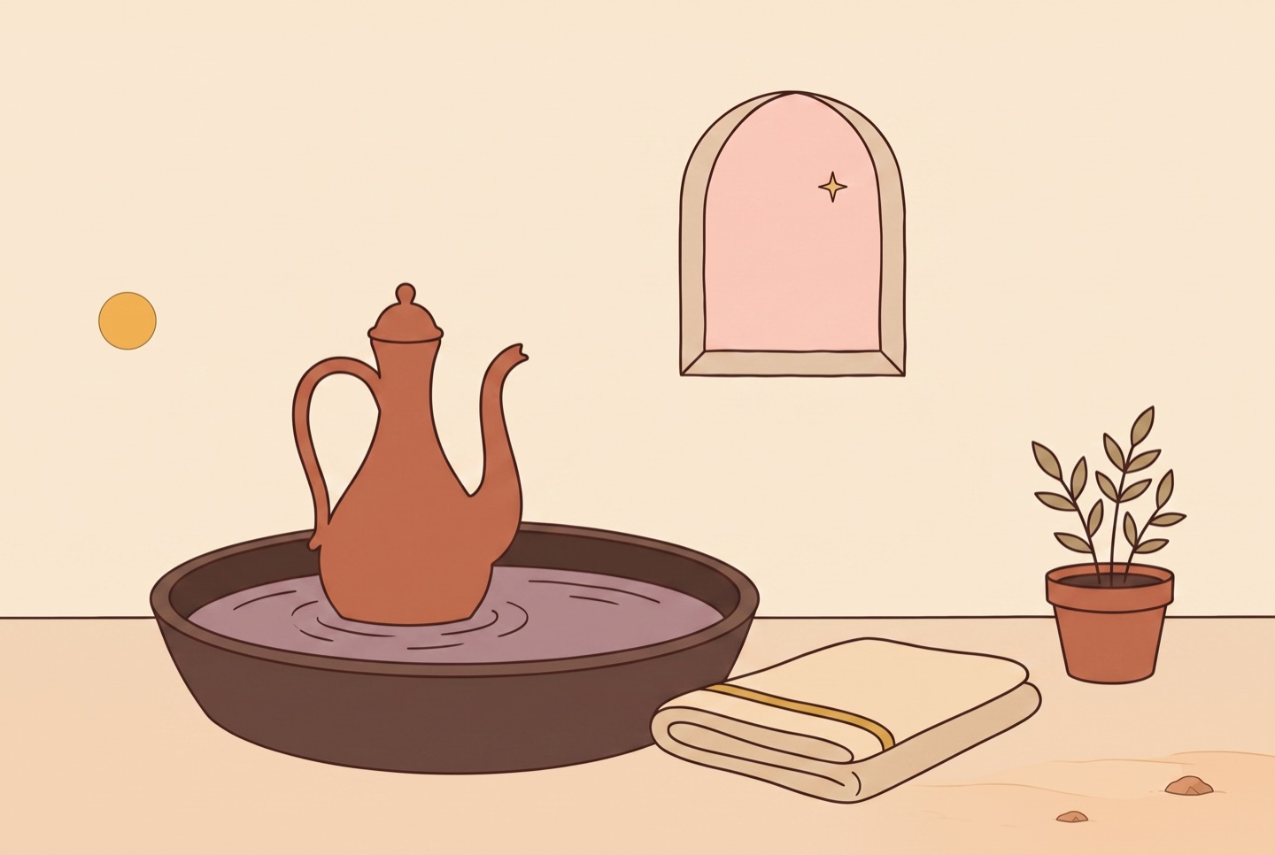 A wudu ewer and basin with a folded towel, ready by an arched window