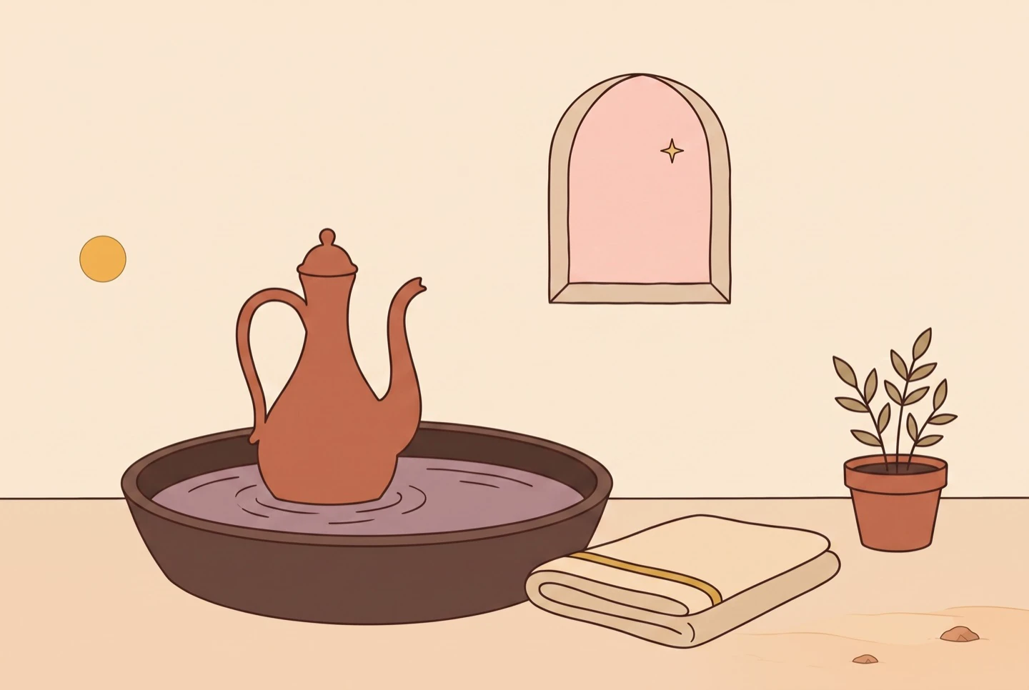 A wudu ewer and basin with a folded towel, ready by an arched window
