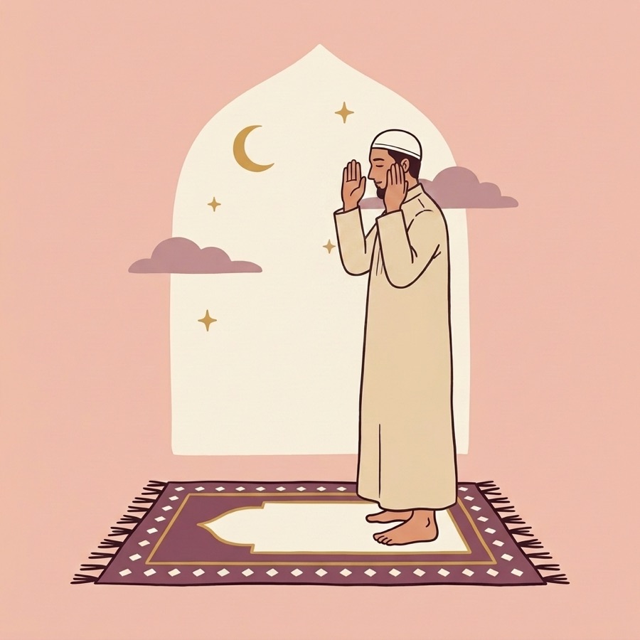 A person praying, standing upright with both hands raised to ear level, palms facing forward