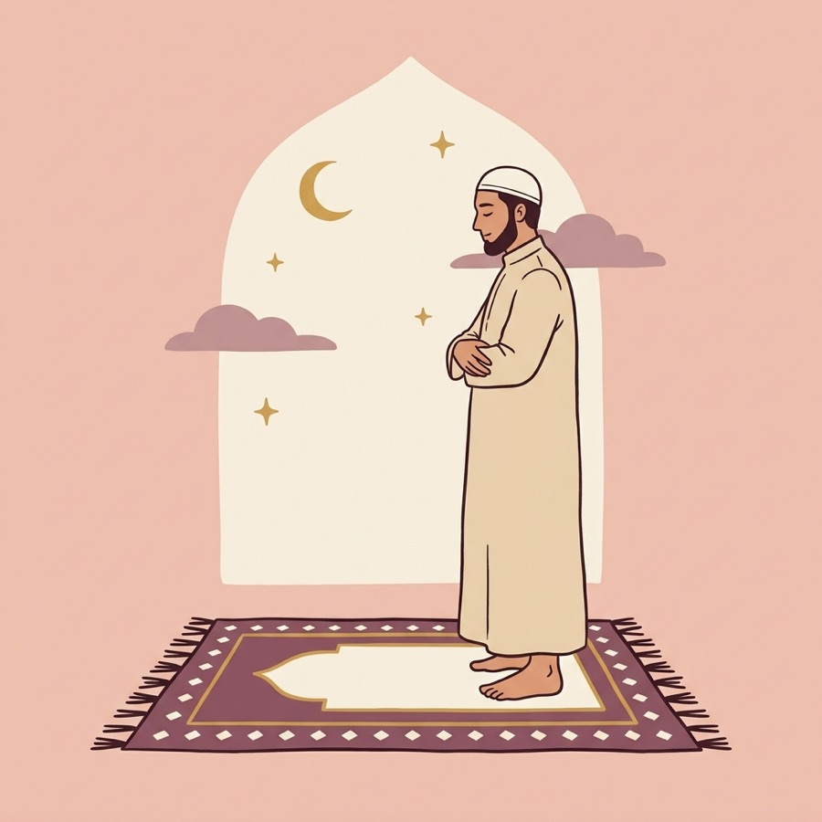 A person praying, standing upright with the right hand folded over the left on the chest