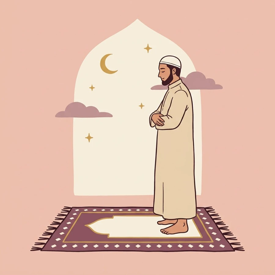 A person praying, standing upright with the right hand folded over the left on the chest