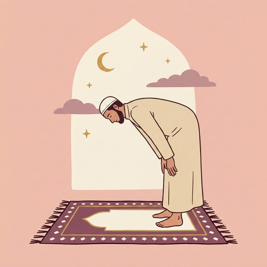 A person praying, bowing forward with a flat back and both hands resting on the knees
