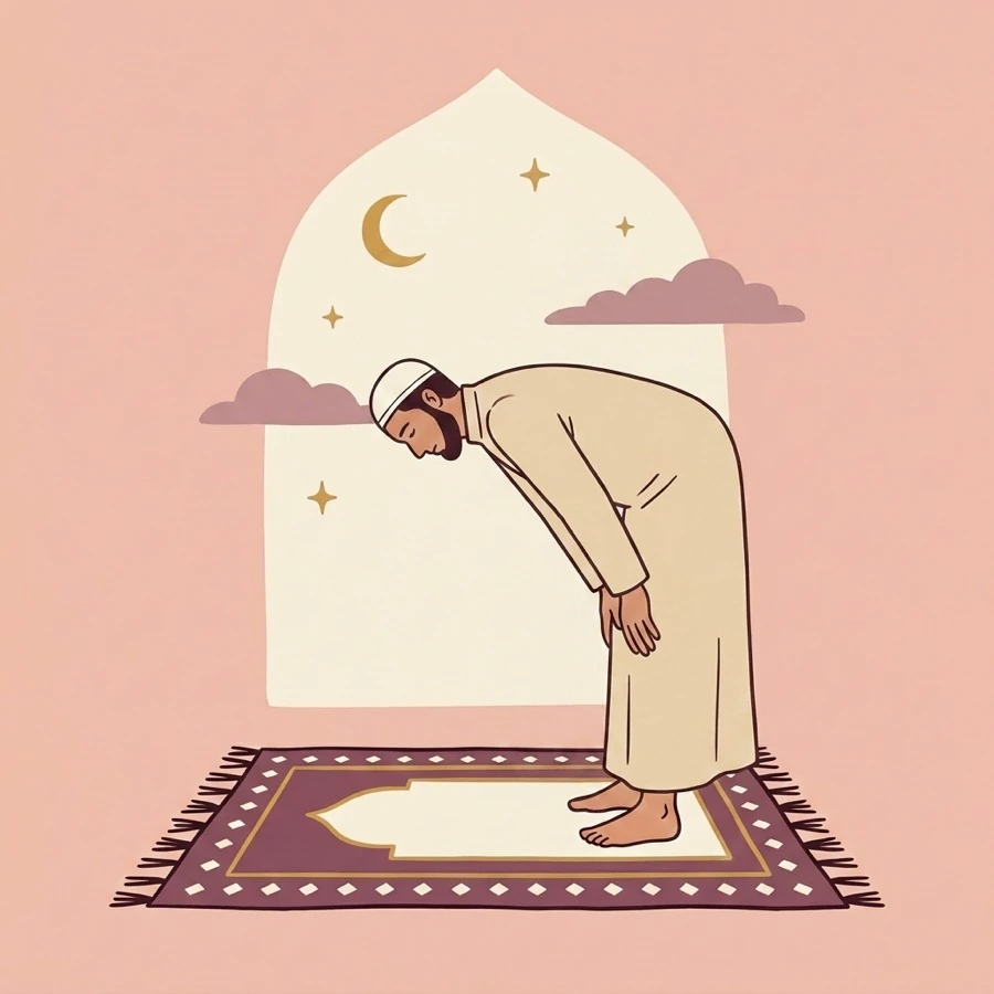 A person praying, bowing forward with a flat back and both hands resting on the knees