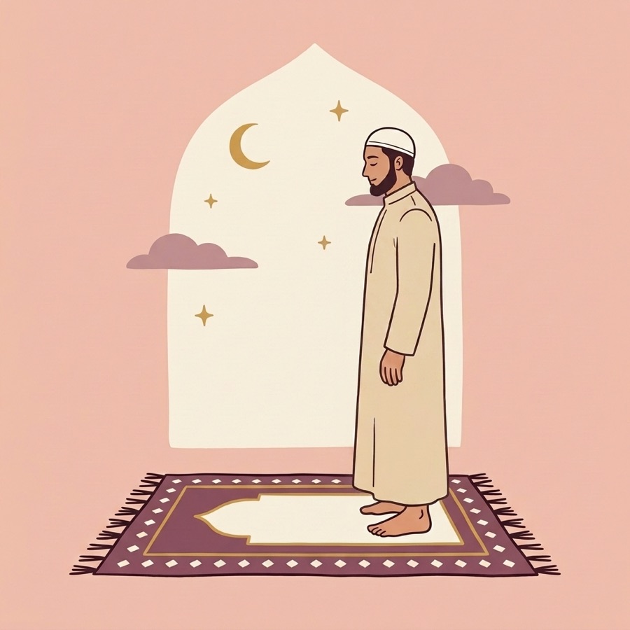 A person praying, standing upright again with arms relaxed at the sides